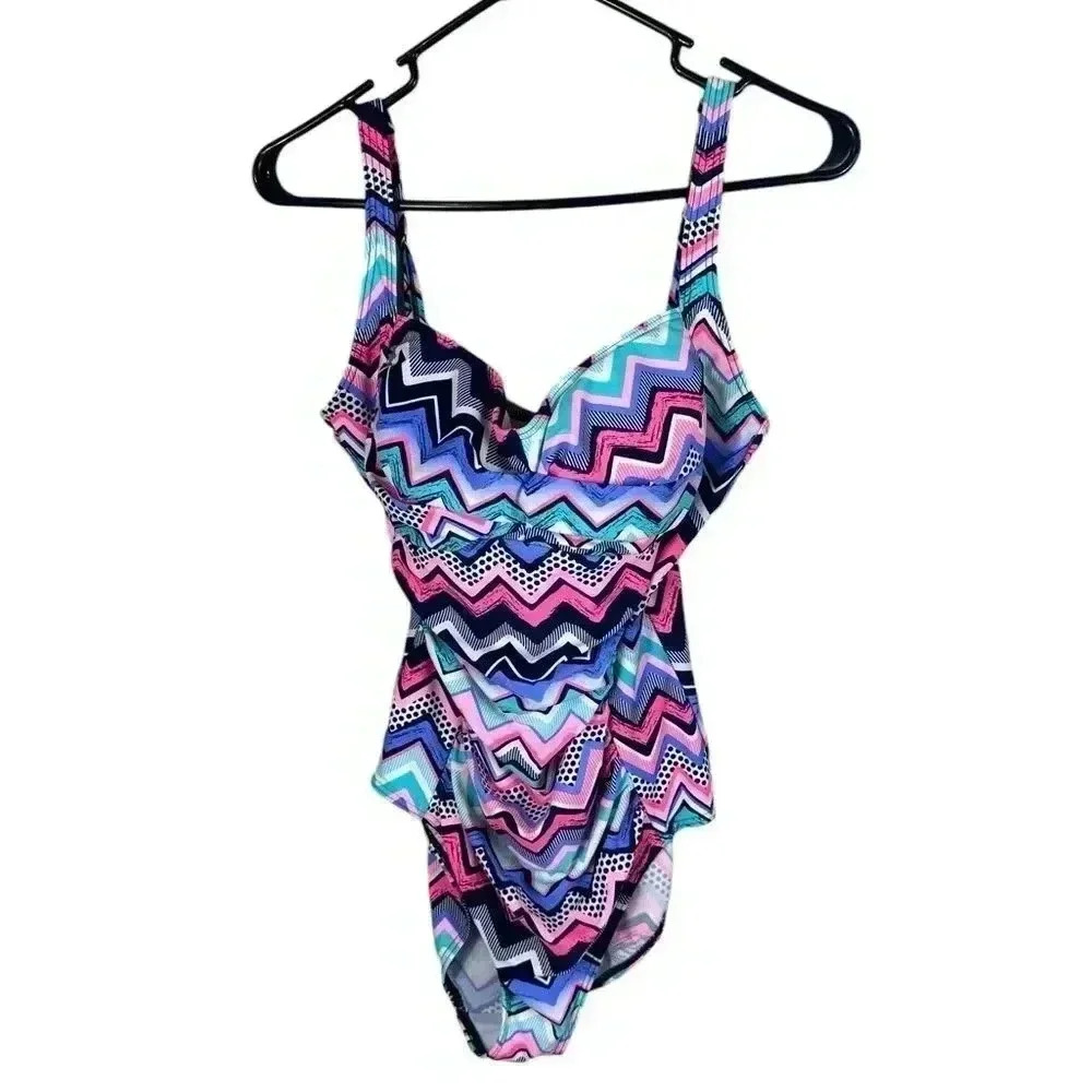 Betty's Beach Bungalow colorful Chevron print one piece swimsuit size 12